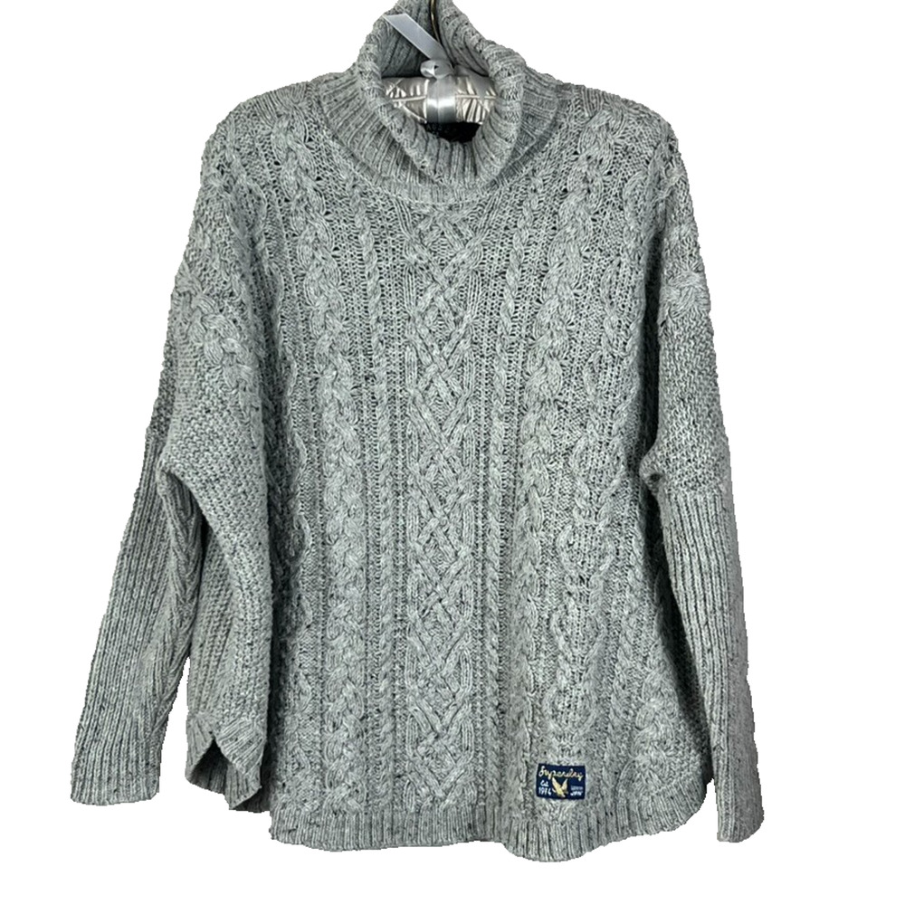 1974 Superdry Sweater Women's Sz 8 Grey Chunky Cable-Knit Turtleneck Long sleeve